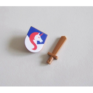 PLAYMOBIL (L1257) MOYEN-AGE - Bouclier Enfant Licorne &  Epée en Bois Marron